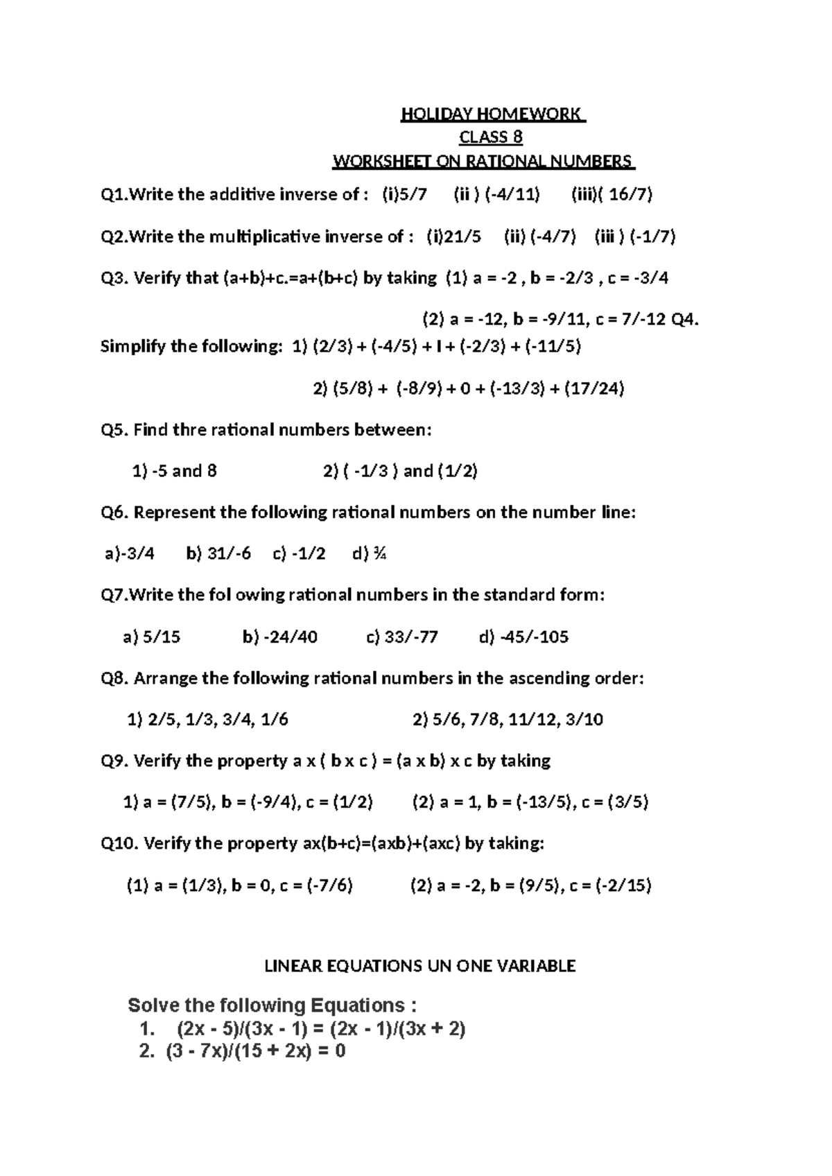 Maths Assignment Class 8: Worksheet on Rational Numbers & Equations ...