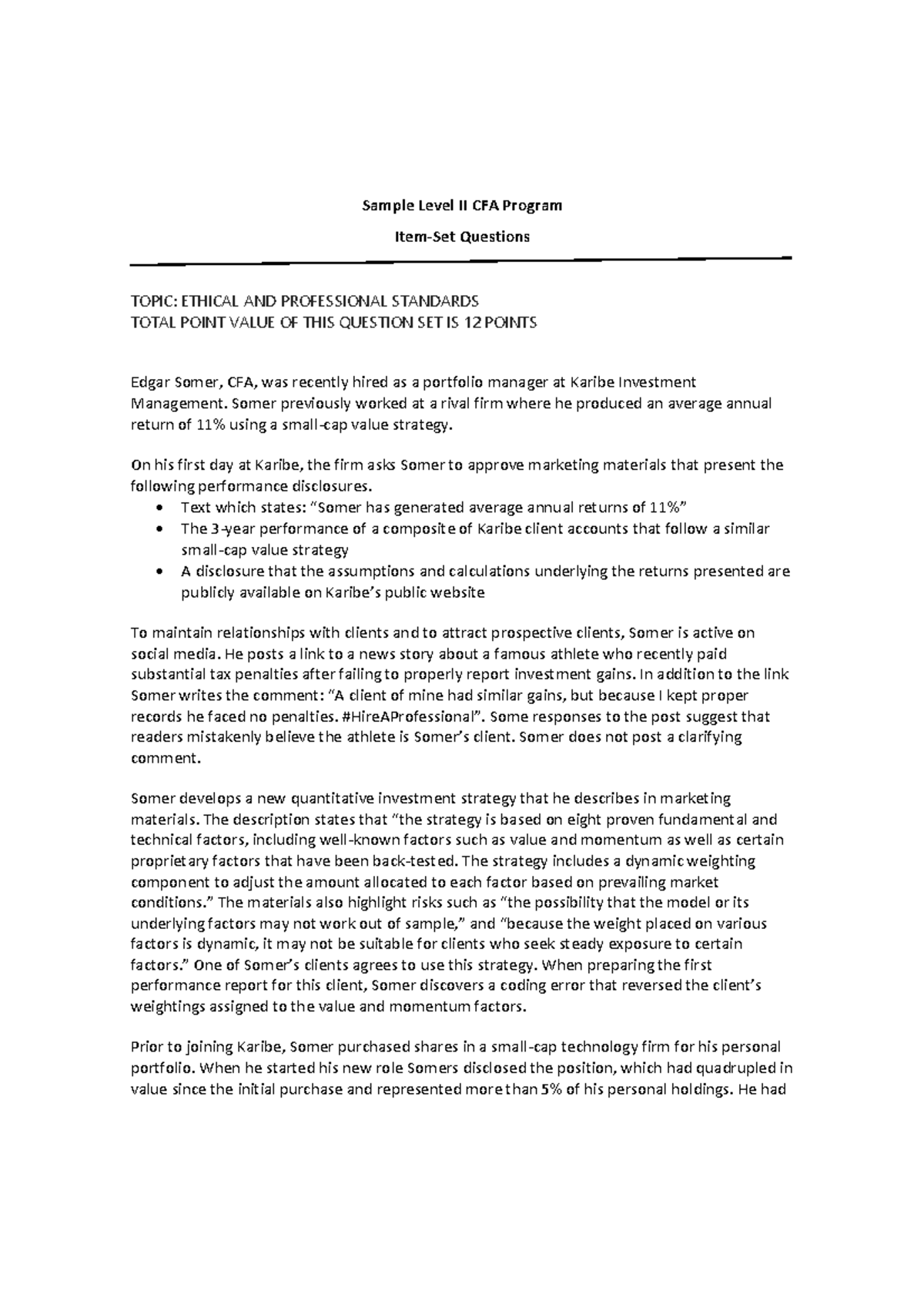 CFA Level II Sample Item-Set Questions on Ethical Standards - Studocu