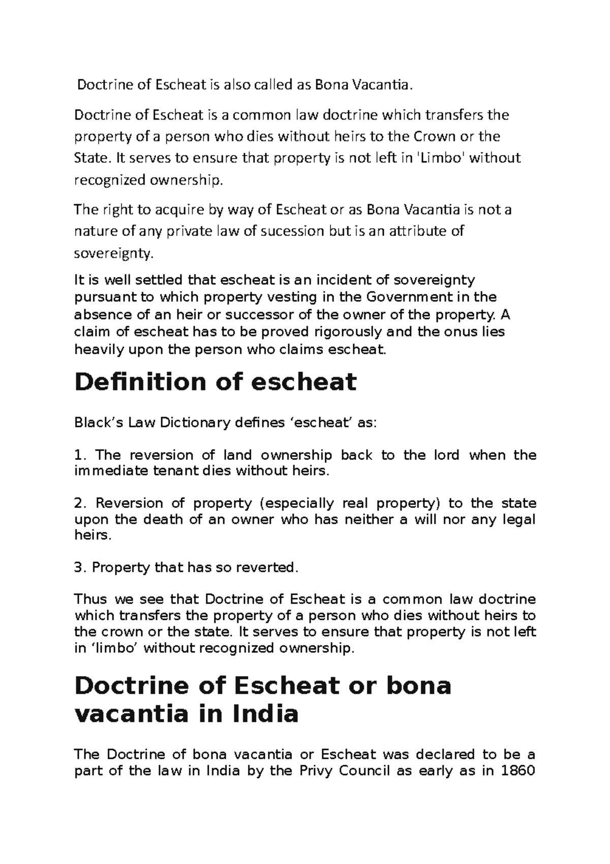 Doctrine of Escheat: Legal Principles and Implications in India - Studocu