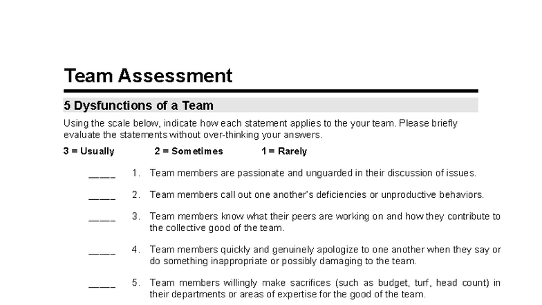 Team Assessment: Evaluating the 5 Dysfunctions of a Team - Studocu