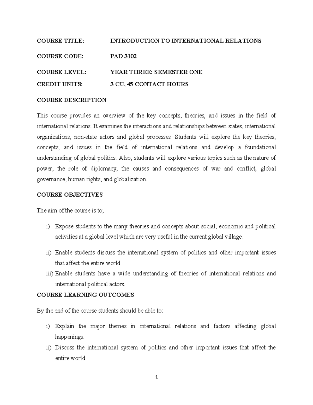 Course Outline for Introduction to International Relations (PAD 3102 ...