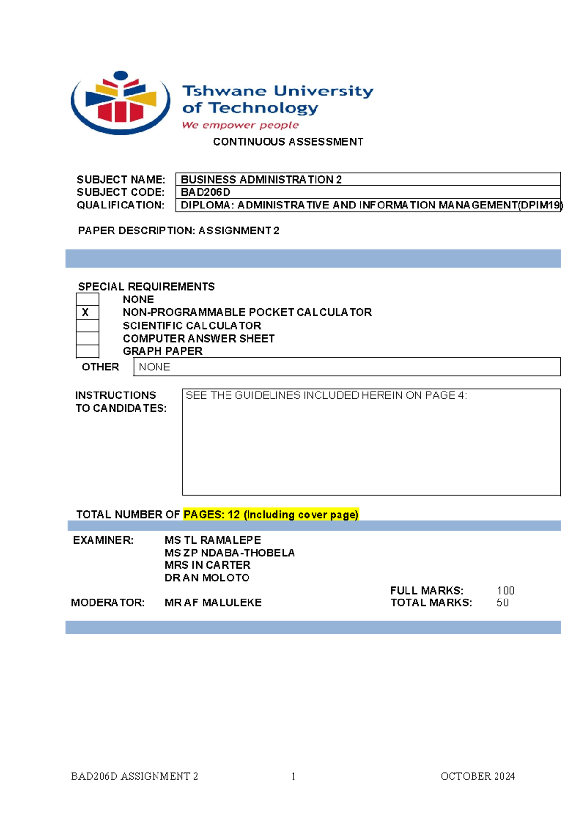 BAD206D - 2024 Assignment 2 Question Paper - CONTINUOUS ASSESSMENT ...