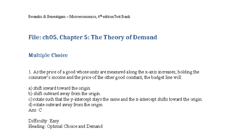 Ch05 - Test Bank for Microeconomics: Theory of Demand Insights - Studocu