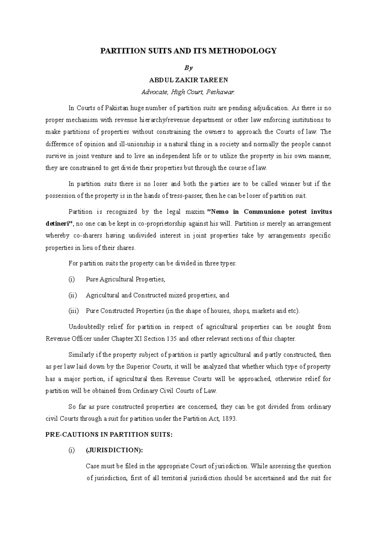 Partition Suits in Pakistan: Methods, Jurisdiction, and Key ...