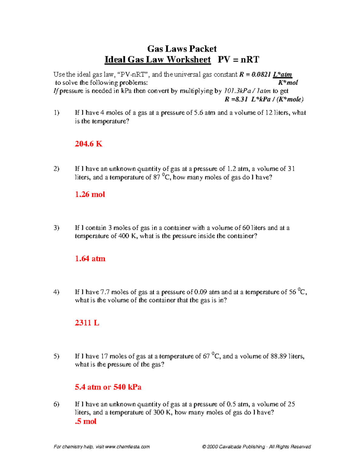 W - Gas Laws Packet with Answers - Gas Laws Packet Ideal Gas Law ...