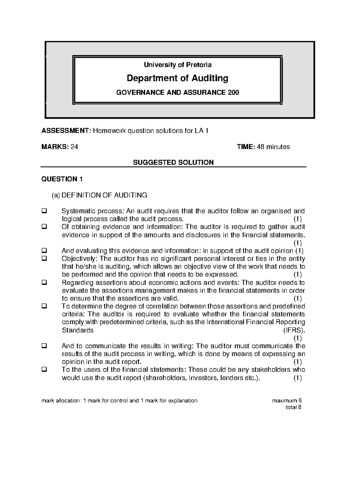 LA 1 Homework Solutions: GOA 200 Auditing Notes for 2026 - Studocu