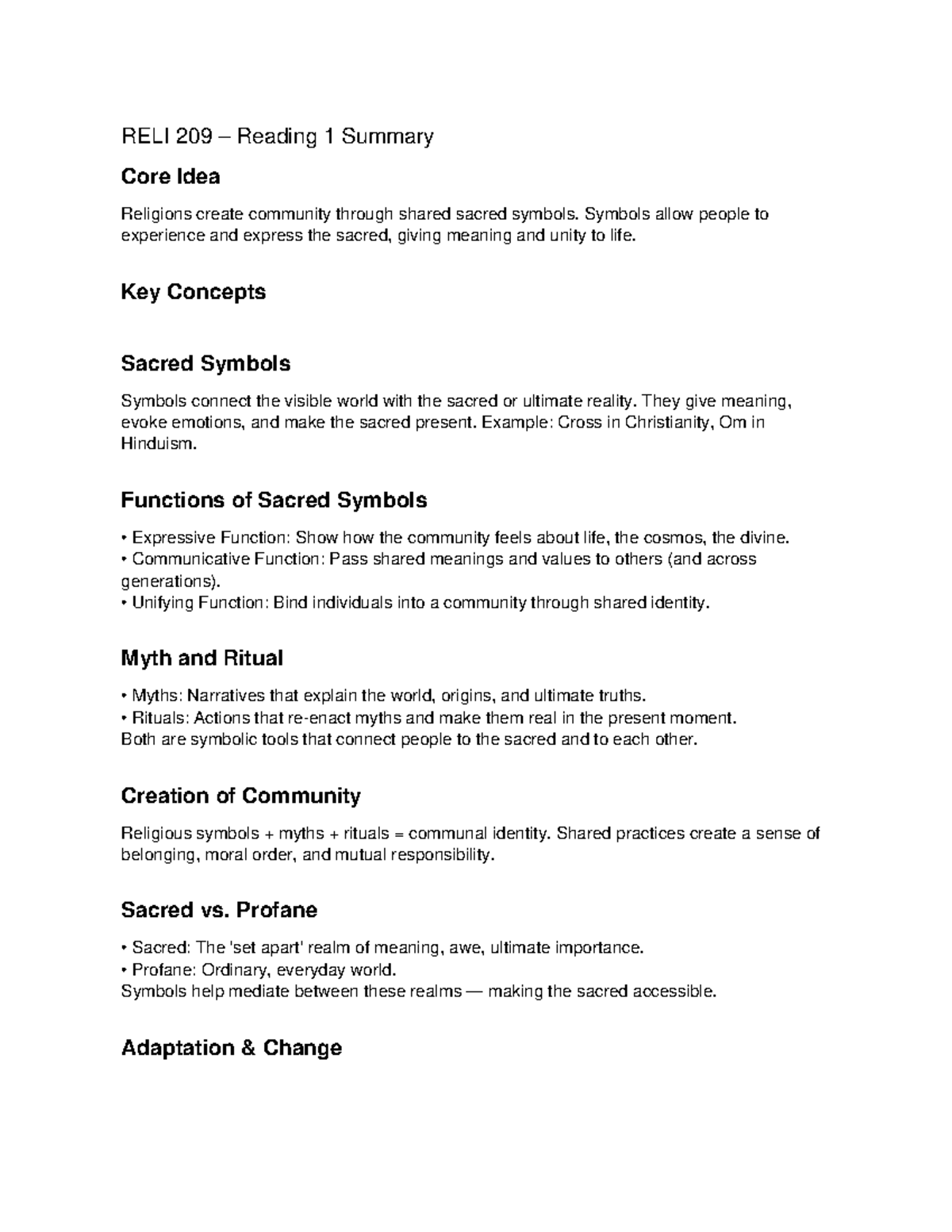 RELI 209 R1 Summary: Core Ideas on Sacred Symbols and Community - Studocu