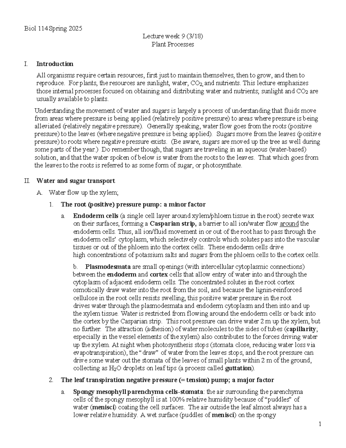 Lecture week 9 (3-18)- Notes Plant Processes - Biol 114 Spring 2025 ...