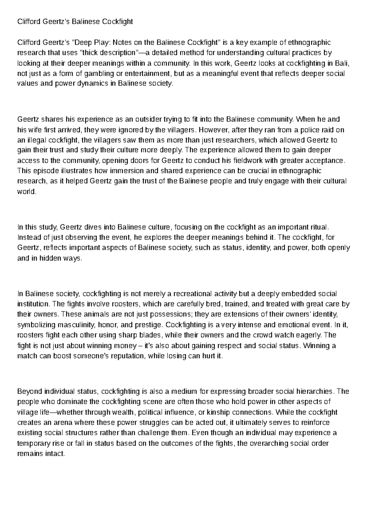 Clifford Geertz's Deep Play: Notes on Balinese Cockfight (20251003 ...