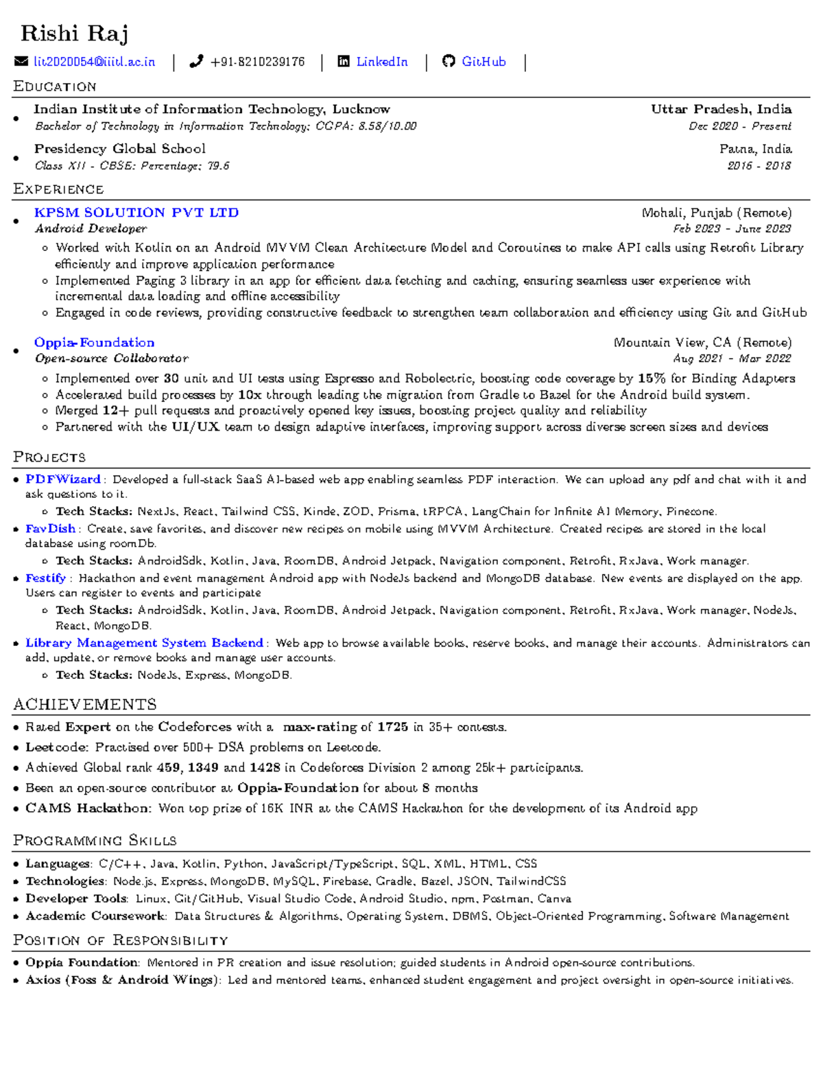 Rishi Resume - Rishi Raj # lit2020054@iiitl.ac +91-8210239176 ï ...