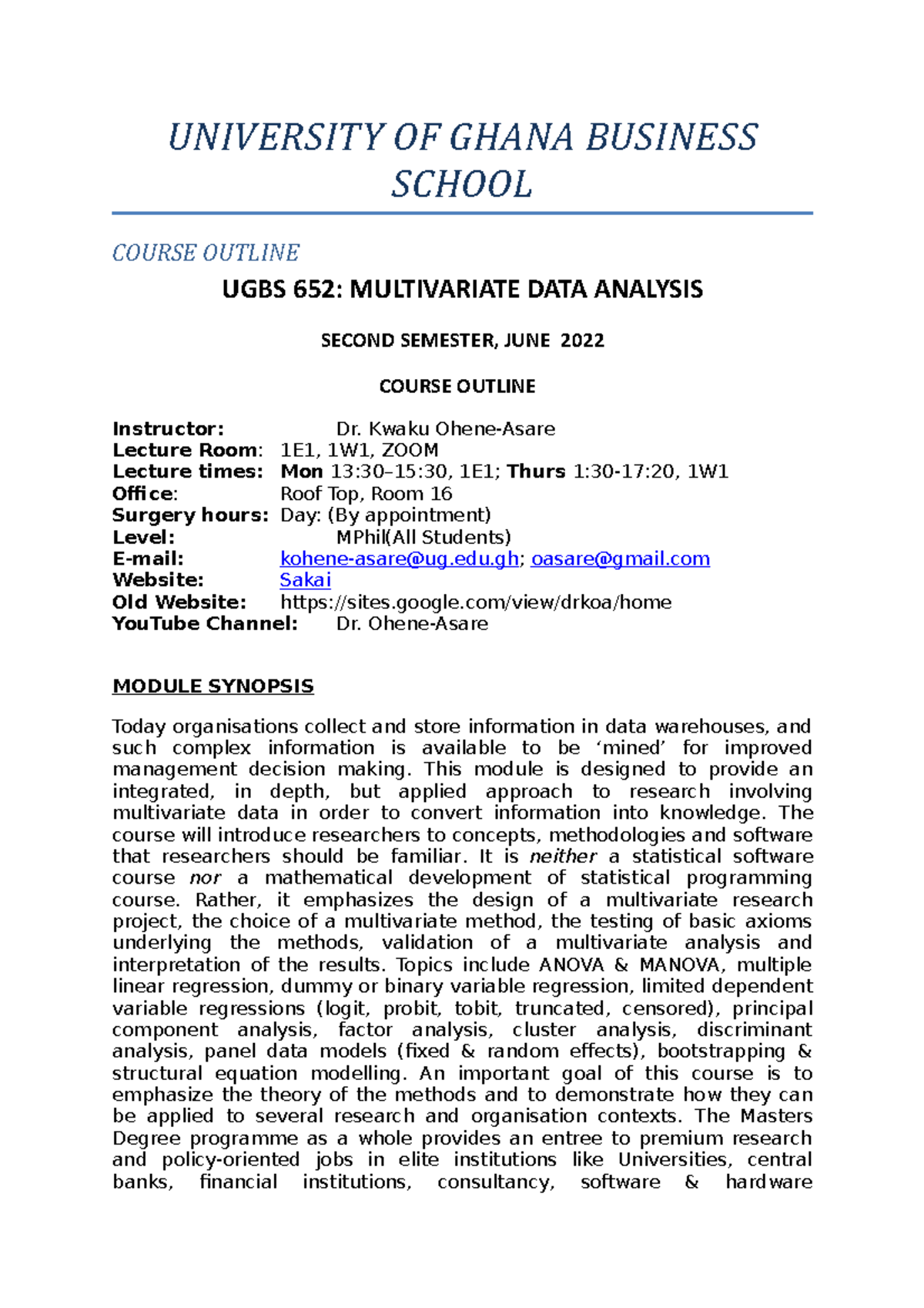 UGBS 652 MVA syllabus or outline 2022 - UNIVERSITY OF GHANA BUSINESS ...