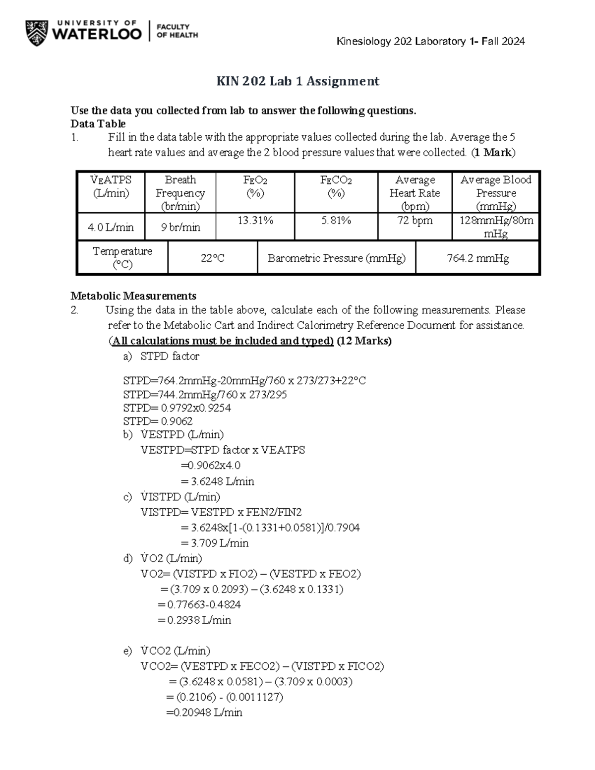 KIN 202 Lab 1 Assignment Report - F2024 Analysis and Calculations - Studocu