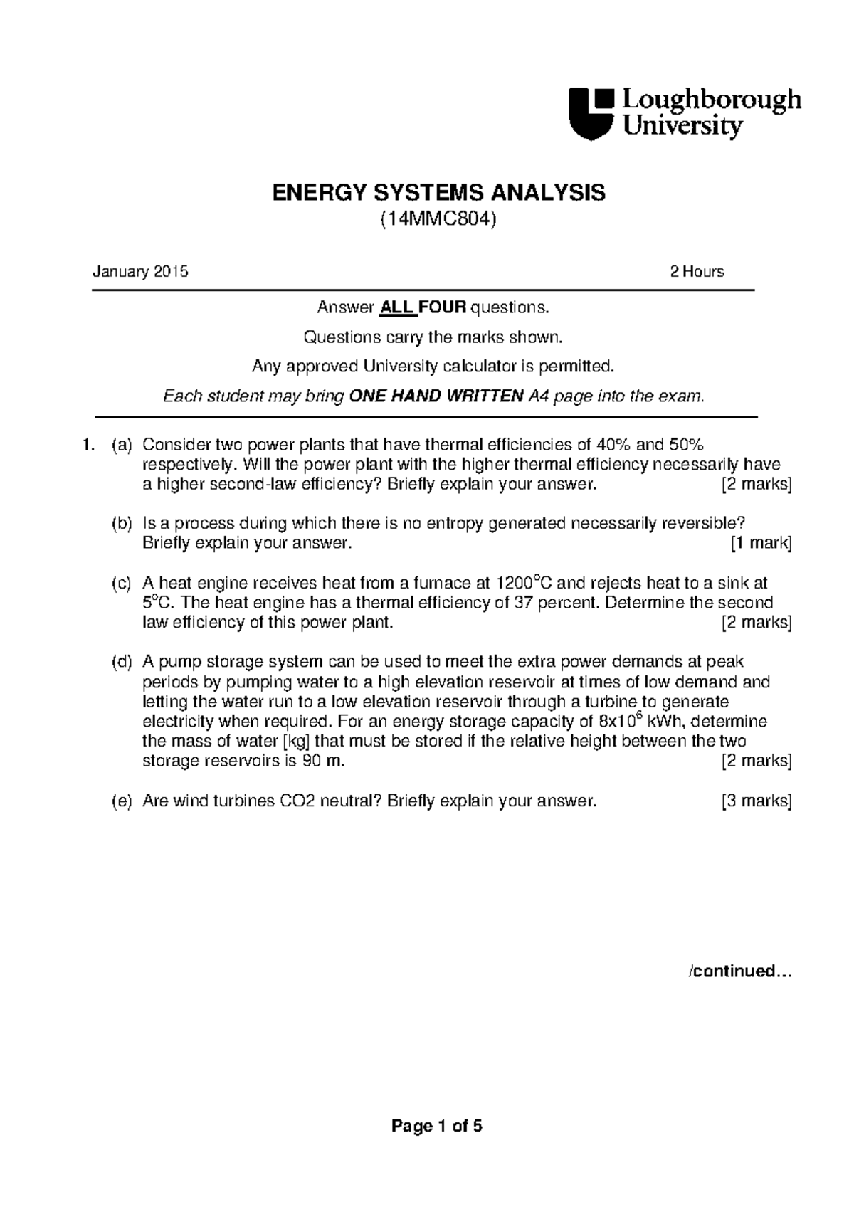 Energy Systems Analysis (14MMC804) Exam Questions - January 2015 - Studocu