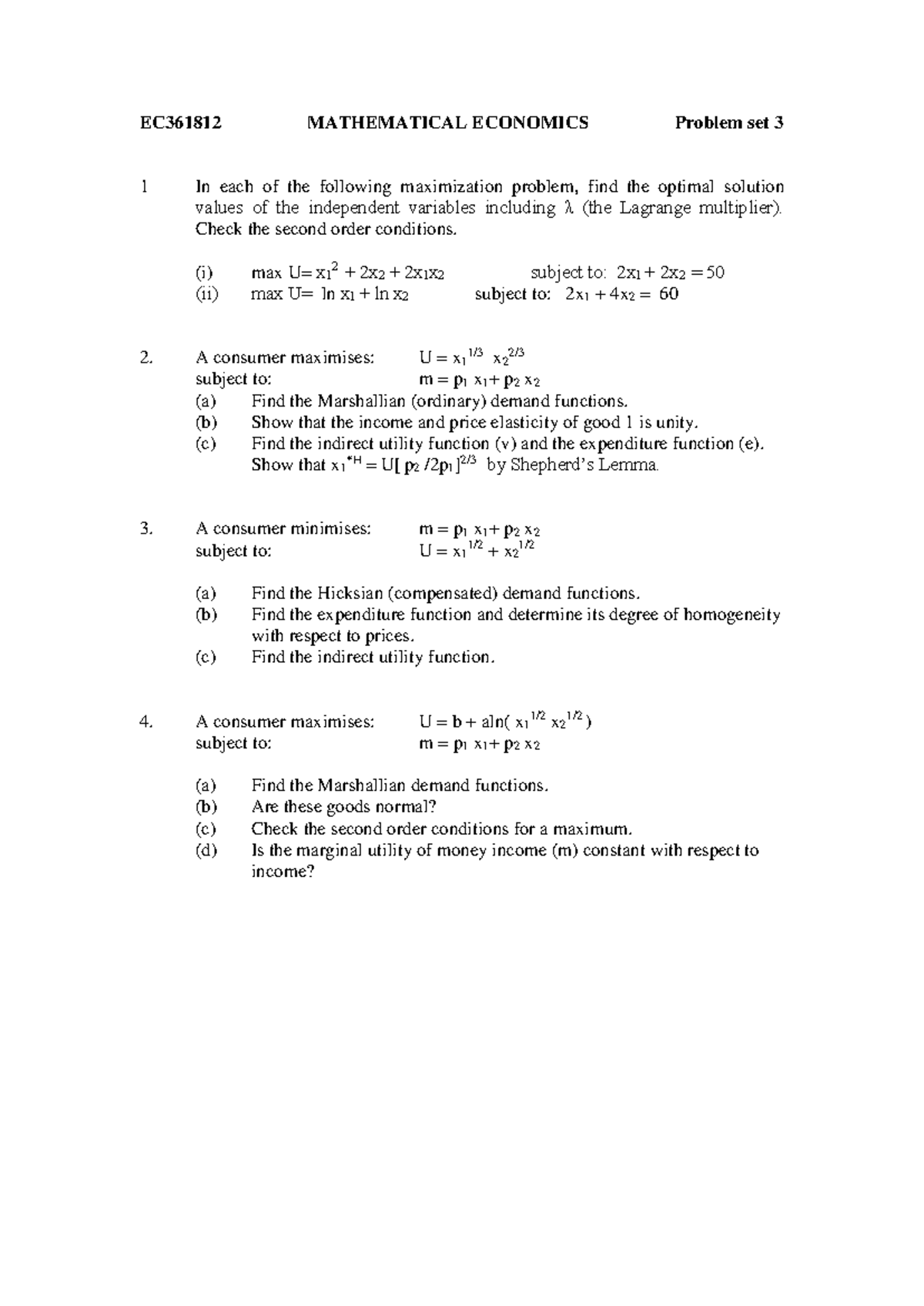 EC361812 Mathematical Economics Problem Set 3: Optimization & Demand ...