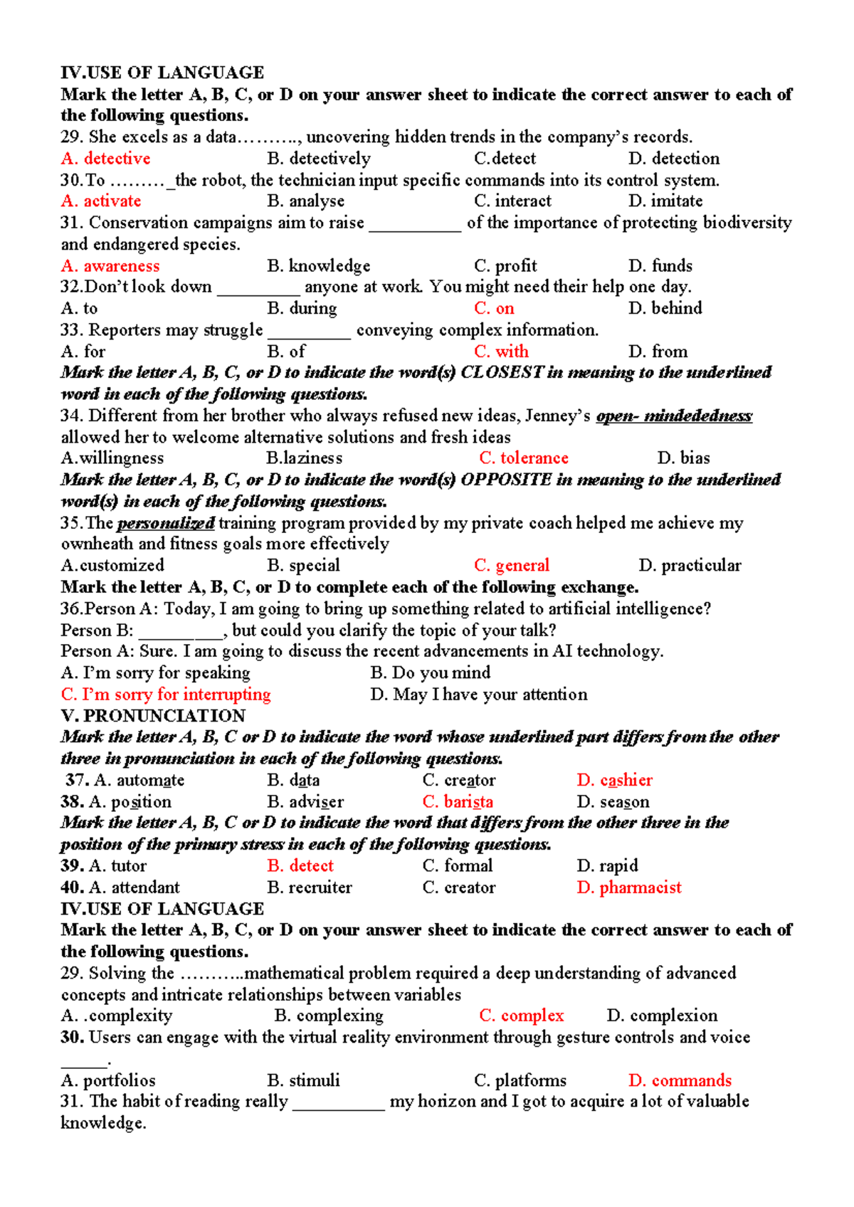 USE OF LANGUAGE 12 - Practice Questions and Answers - Studocu