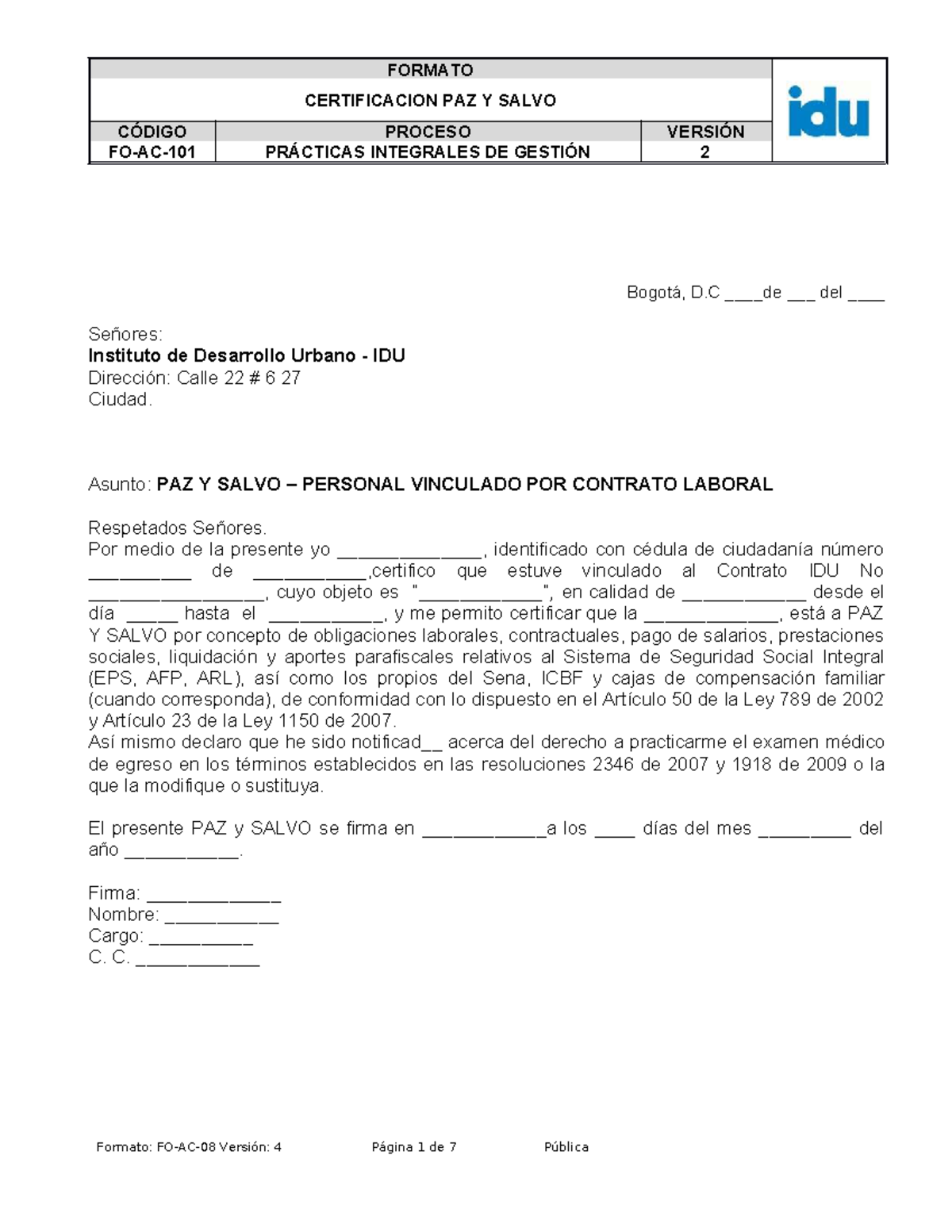 FOAC101 Certificación PAZ Y SALVO - Formato Actualizado V2 - Studocu