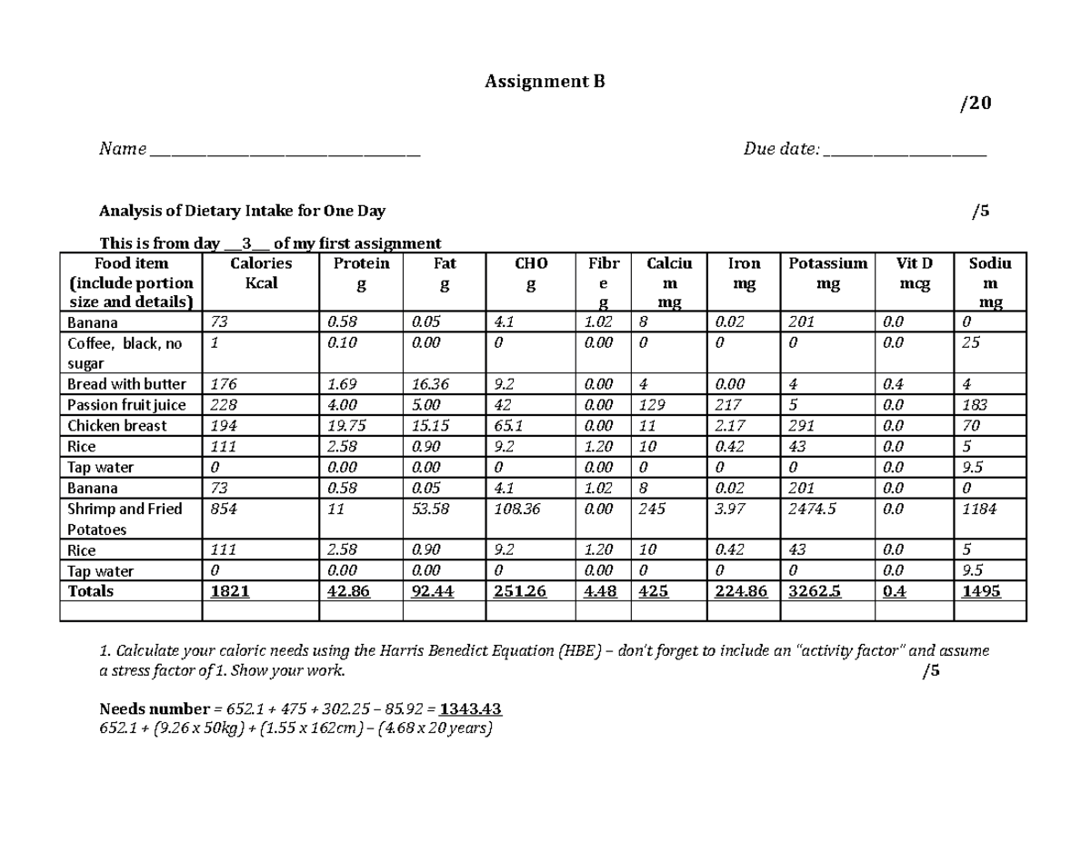 Dietary Intake Analysis Assignment B: Nutrient Evaluation and Changes ...