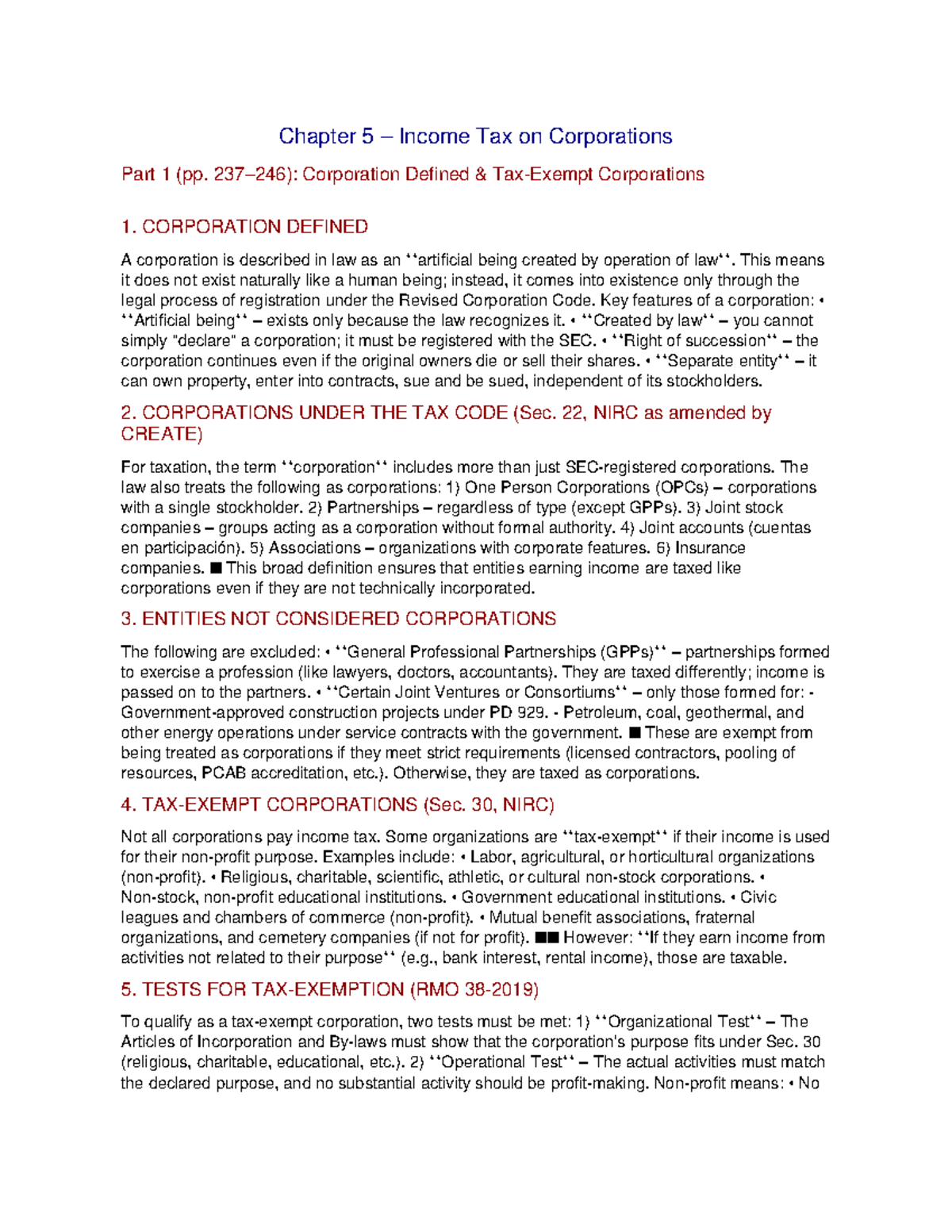 Chapter 5: Income Tax on Corporations (Part 1) Overview - Studocu