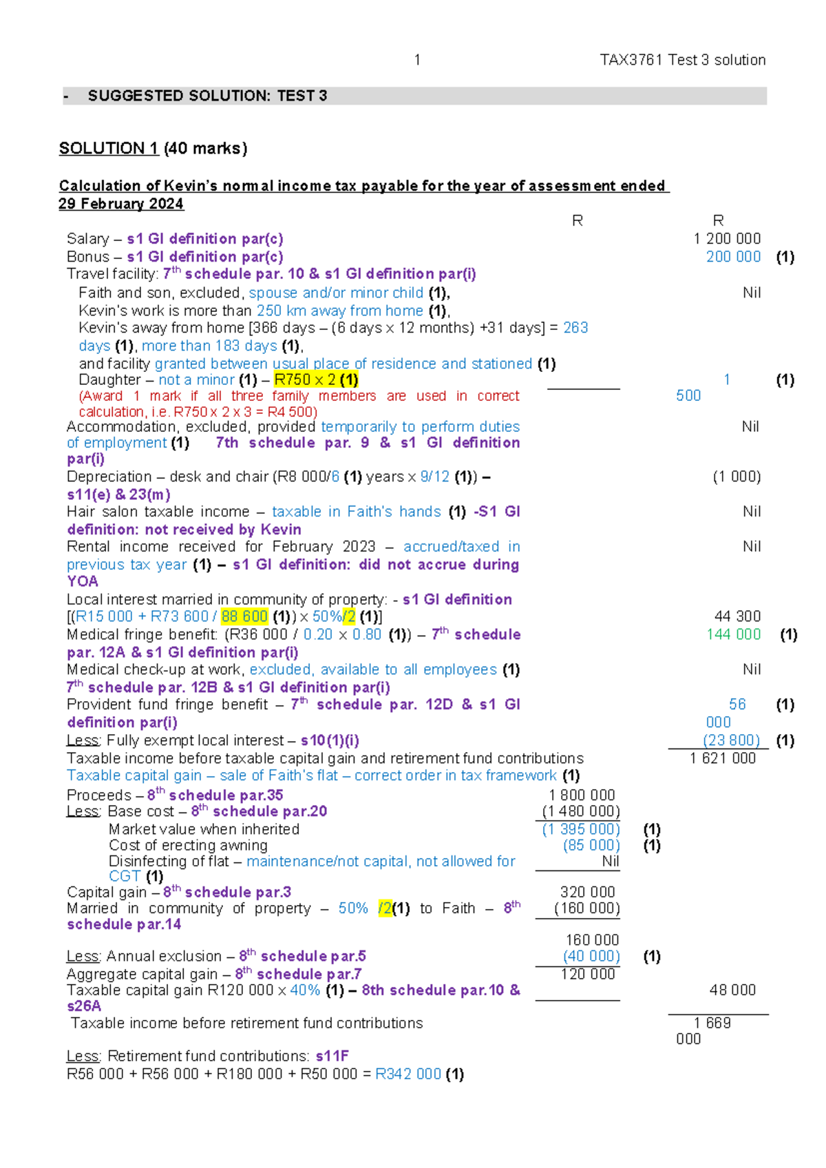TAX3761 - Test 3 Solutions and Calculations for Assessment 2024 - Studocu