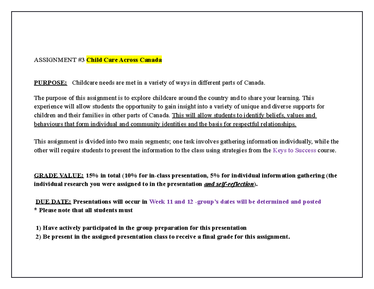 Childcare Across Canada: Assignment #3 Overview & Guidelines - Studocu