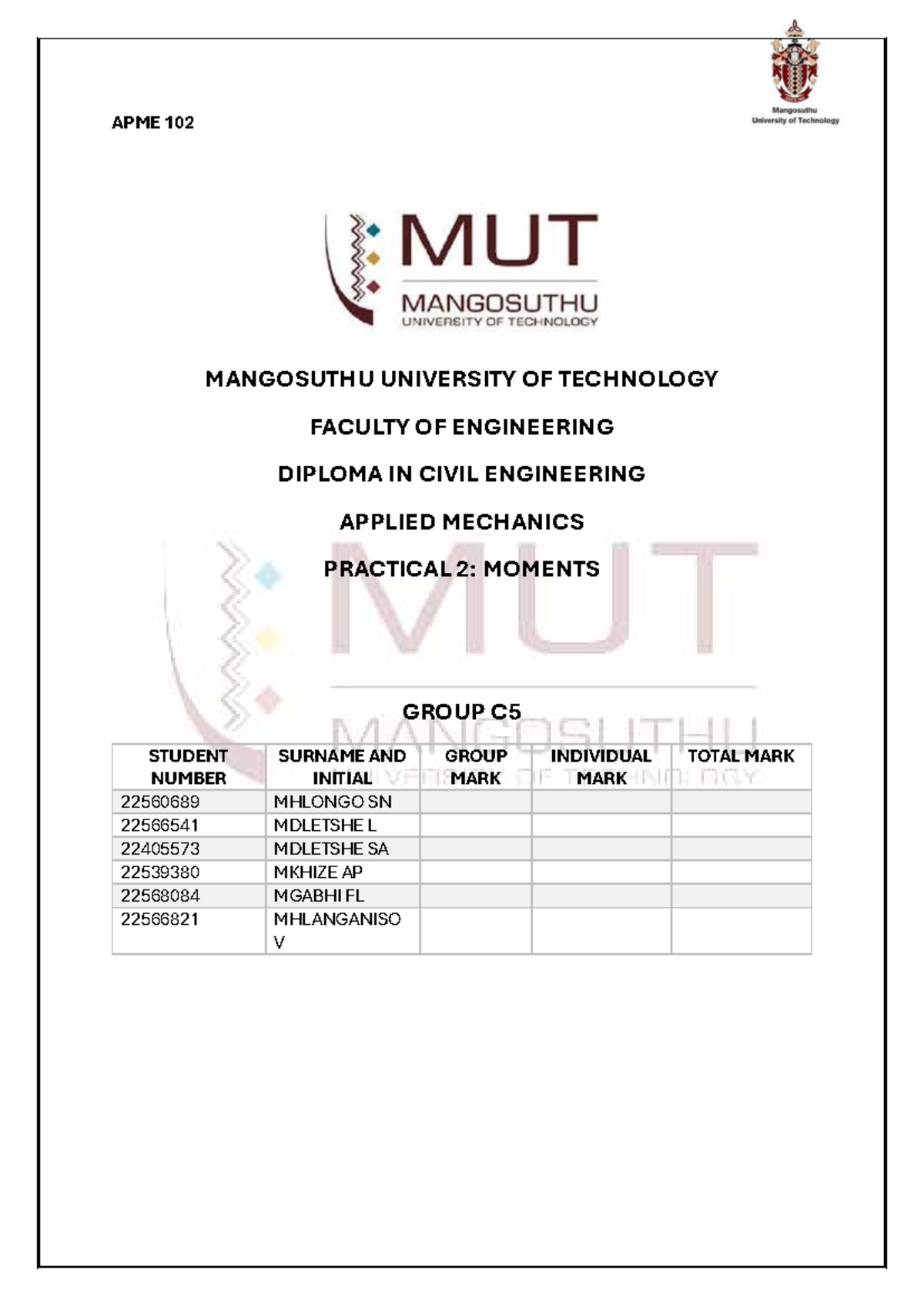 APME 102 Final Practical 2: Moments Analysis at Mangosuthu University ...