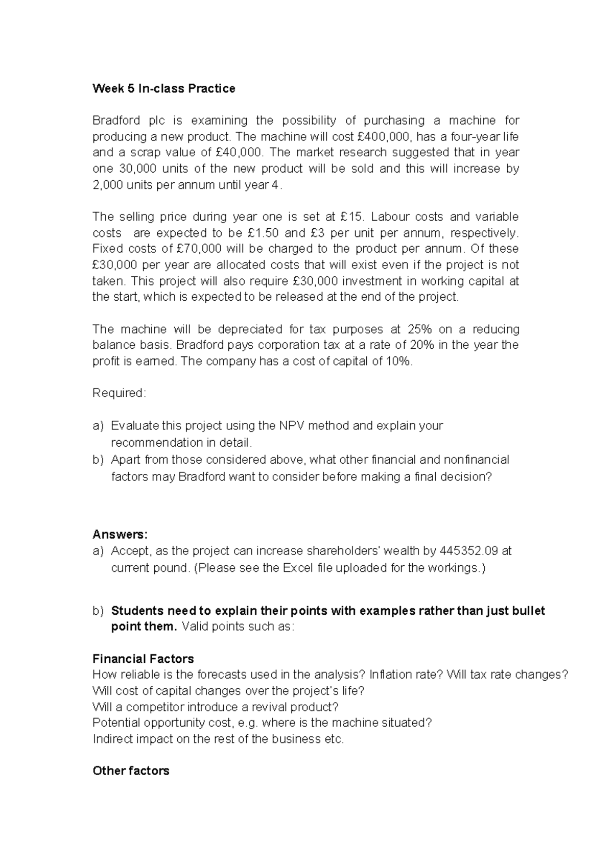 Week 5 In-class Practice: Capital Investment Project Evaluation - Studocu