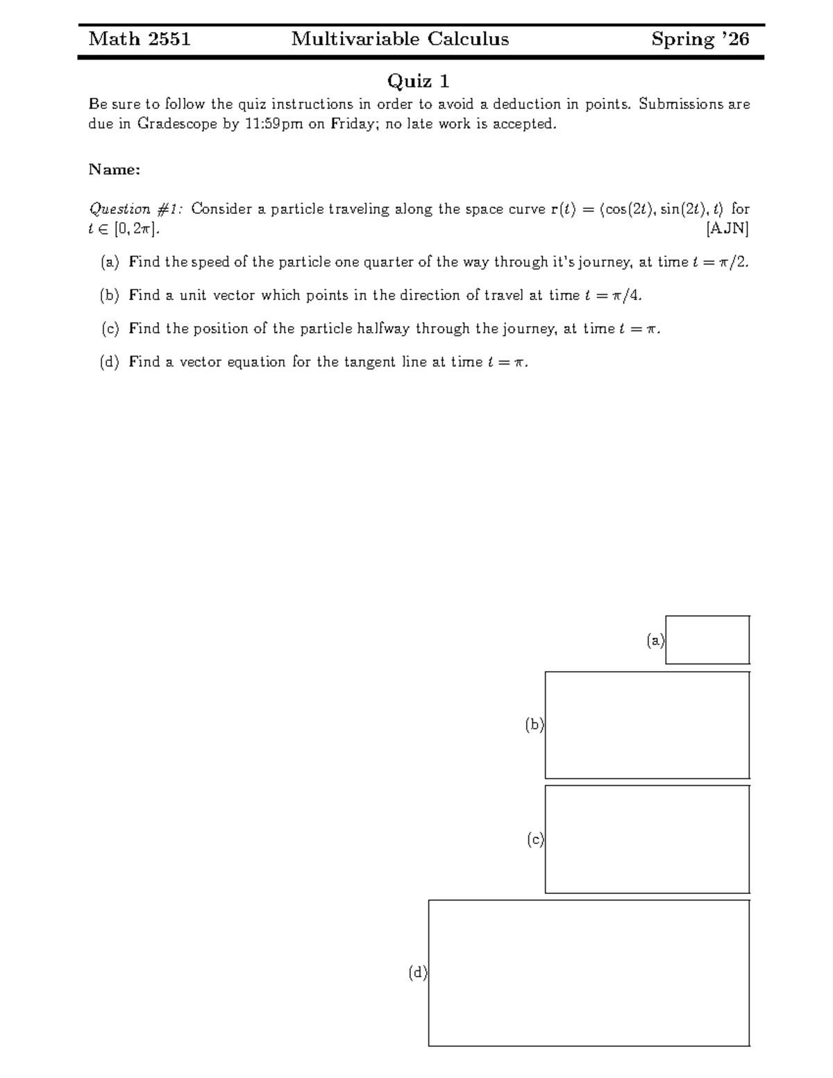 Math 2551 Multivariable Calculus Spring Quiz 1 Solutions - Studocu