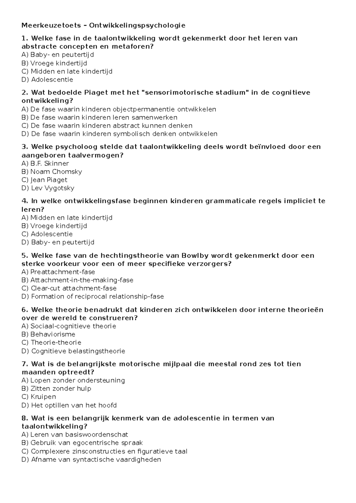Oefentoets OWP - Meerkeuzevragen Ontwikkelingspsychologie - Studeersnel