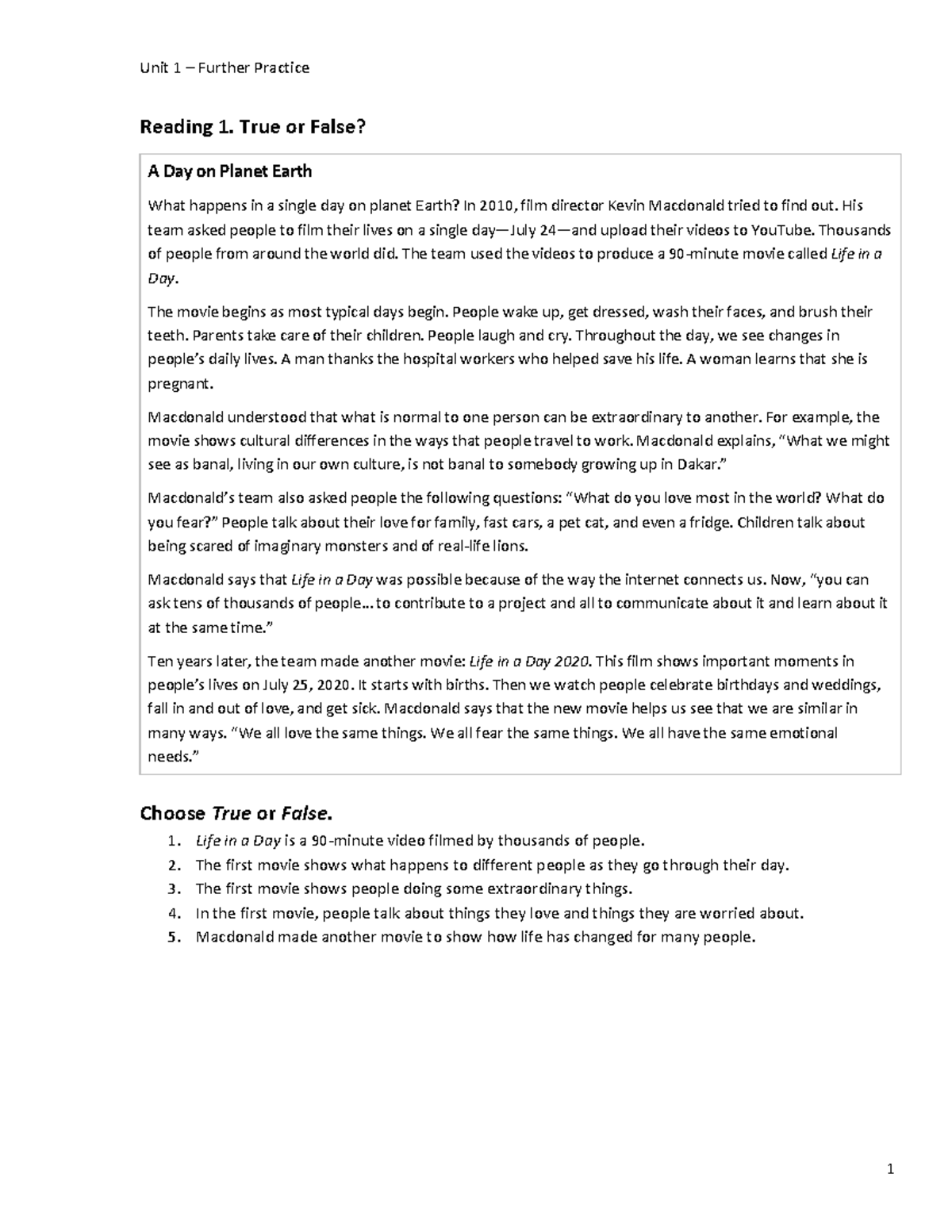 Unit 1 Further Practice: Reading Comprehension and True/False Questions ...
