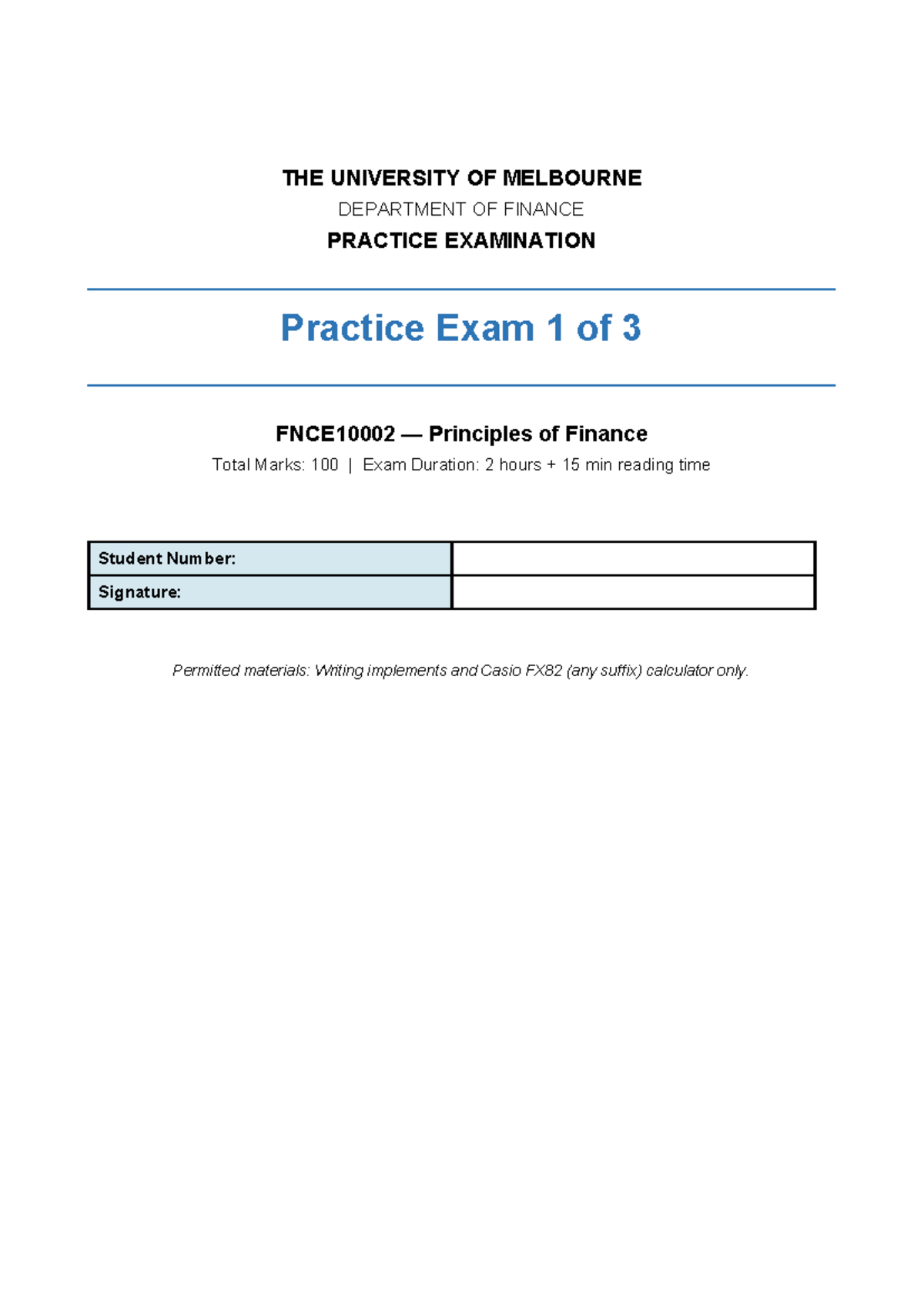 FNCE10002 Practice Exam 1: Principles of Finance Solutions - Studocu