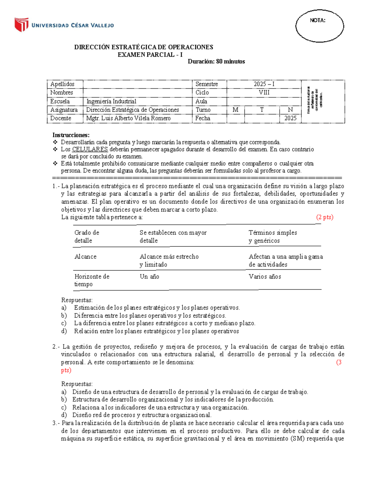 DEO 2025-1 Examen Parcial I: Dirección Estratégica de Operaciones - Studocu