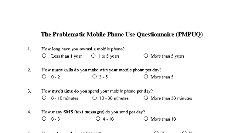 PMPUQ: Mobile Phone Use Questionnaire for Behavioral Study - Studocu