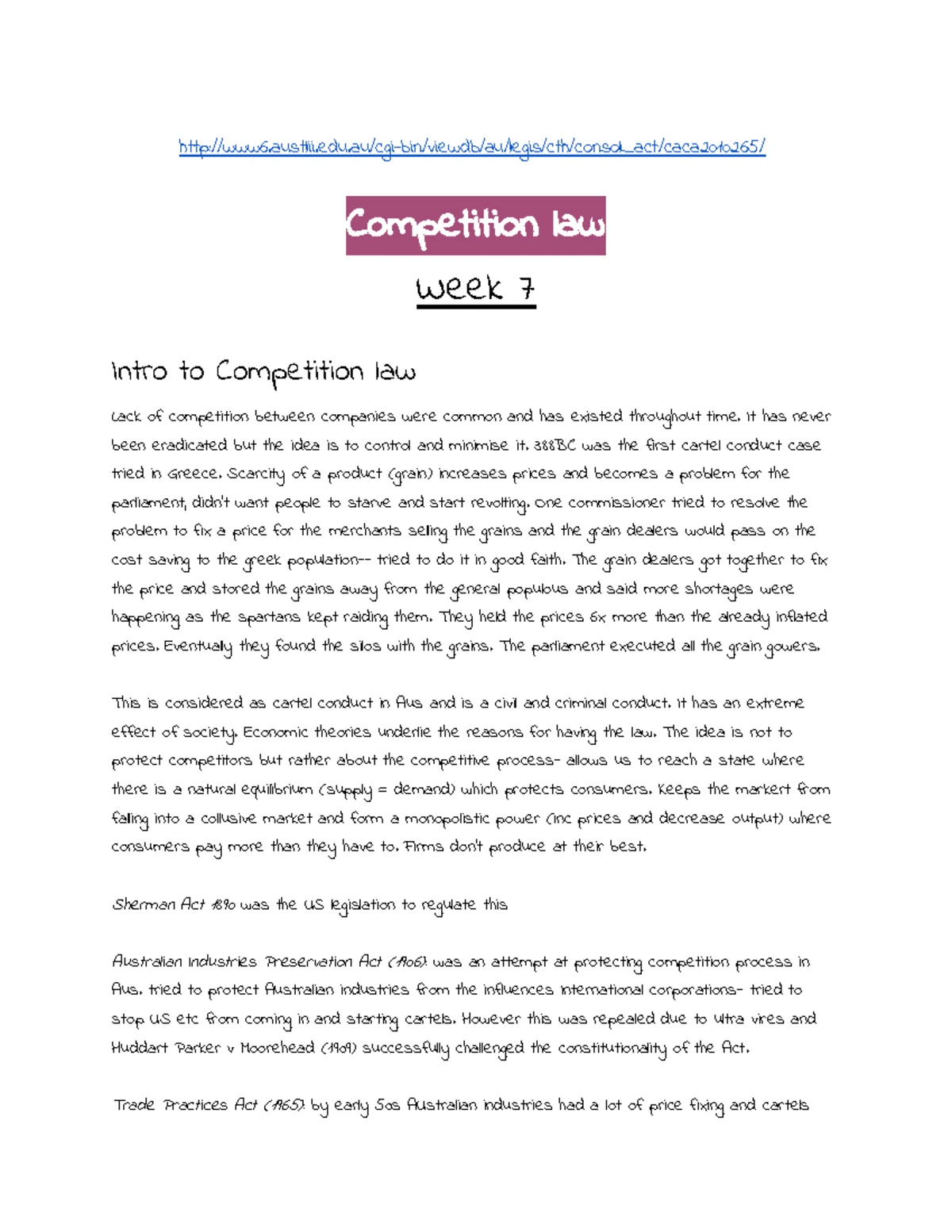 LAWS3419 Competition Law Full Notes: Key Concepts & Case Studies - Studocu
