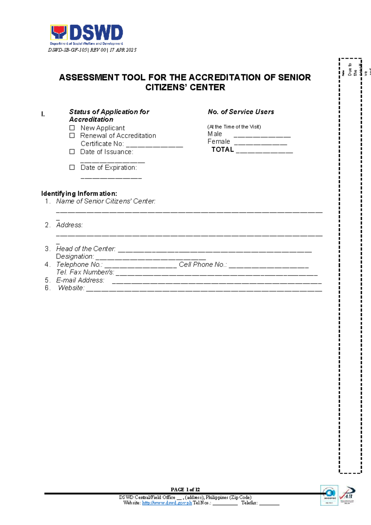 DSWD-SB-GF-105 REV-00 Accreditation Assessment Tool for Senior Centers ...