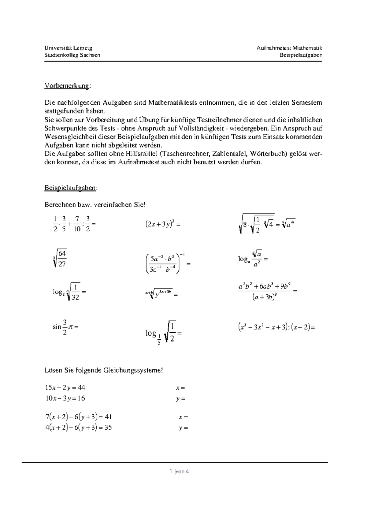 Mathe-2: Vorbereitung auf den Aufnahmetest in Leipzig - Studocu