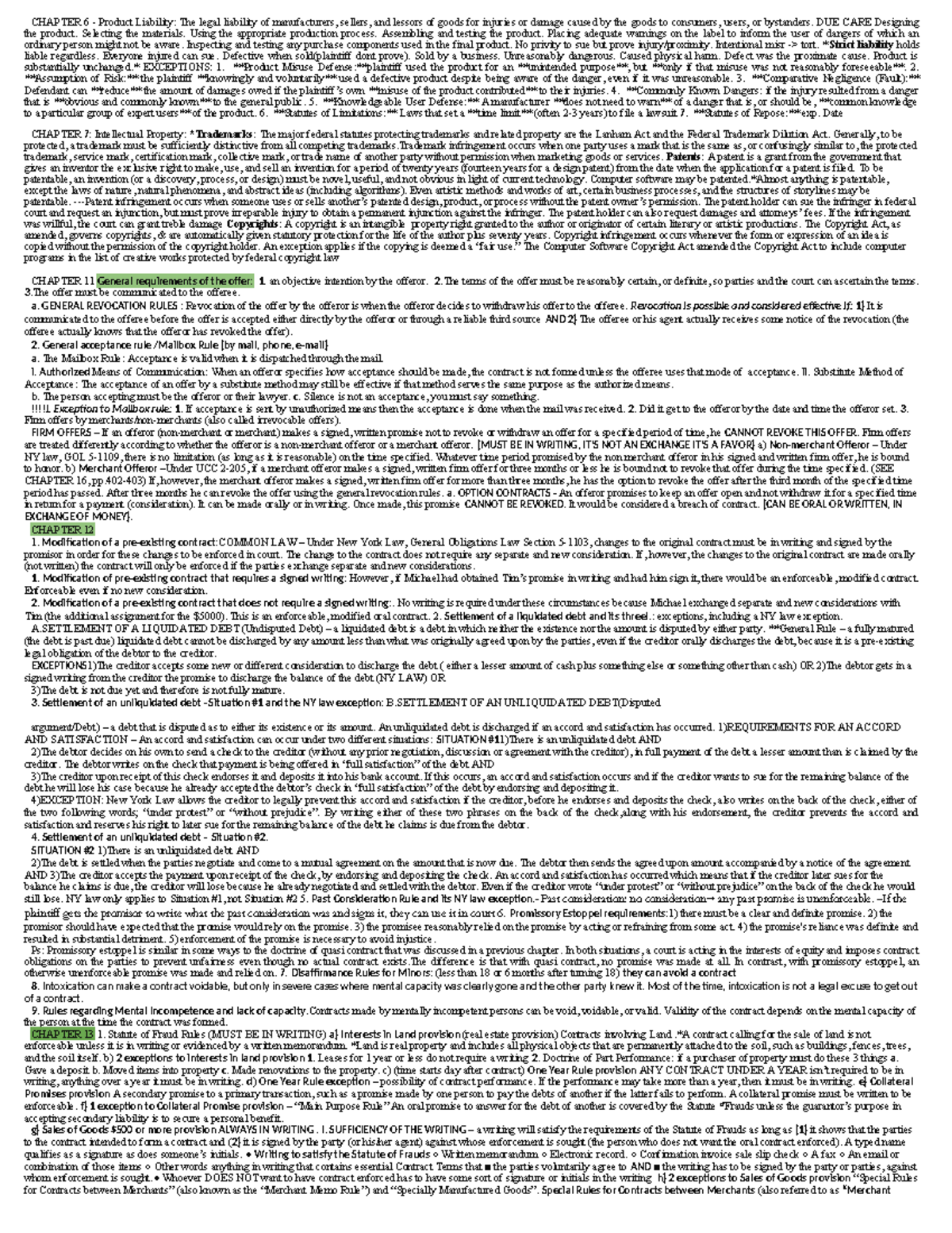 LAW Final Exam Cheat Sheet - Cumulative Review (Excl. Ch. 9 & 11) - Studocu