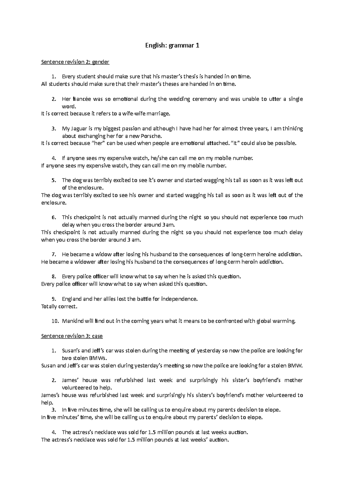 English Grammar 1: Sentence Revisions and Corrections Guide - Studocu