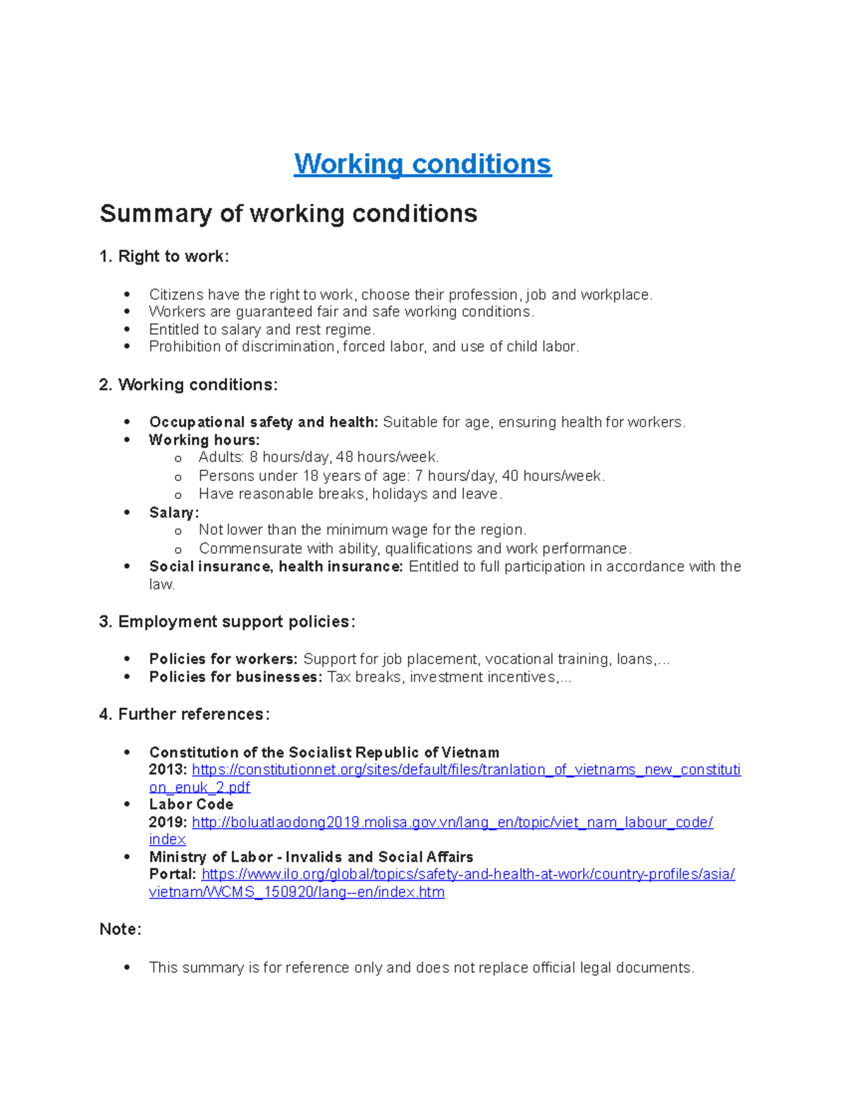 Working conditions - Working conditions Summary of working conditions 1 ...