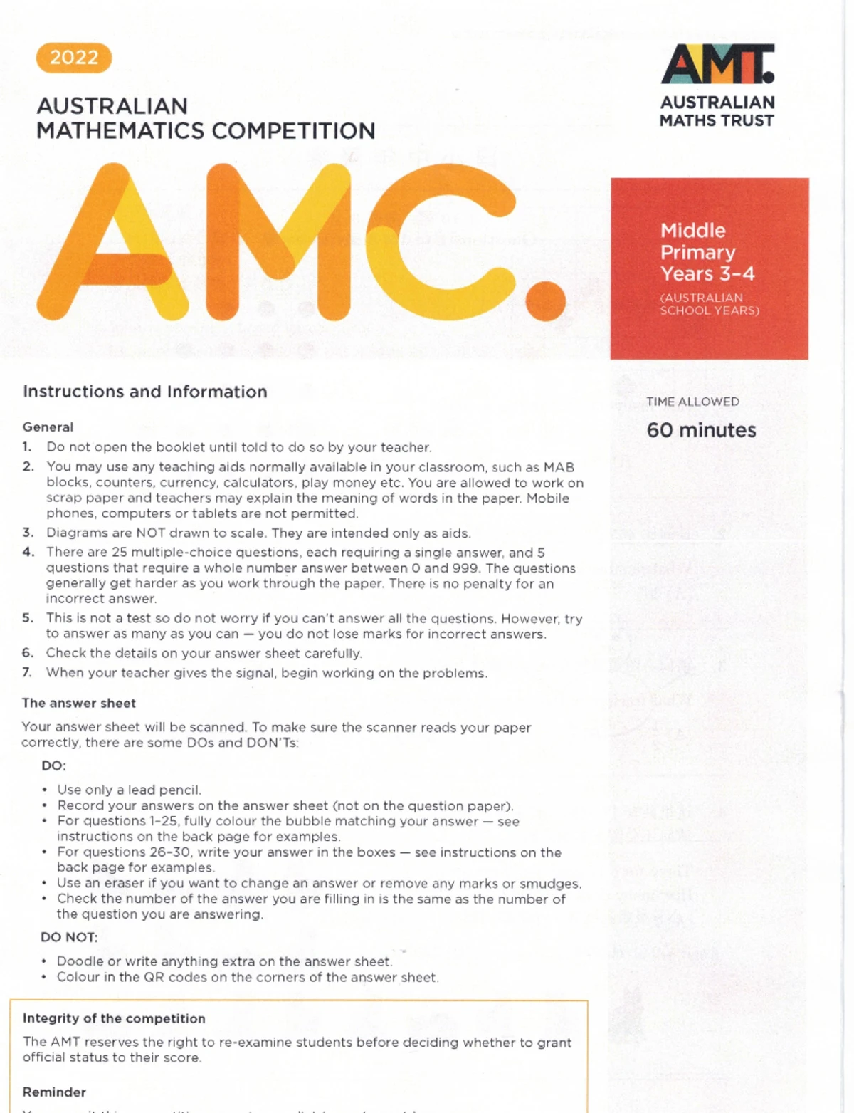AMC 2022 Upper Primary Mathematics Competition Instructions & Info ...
