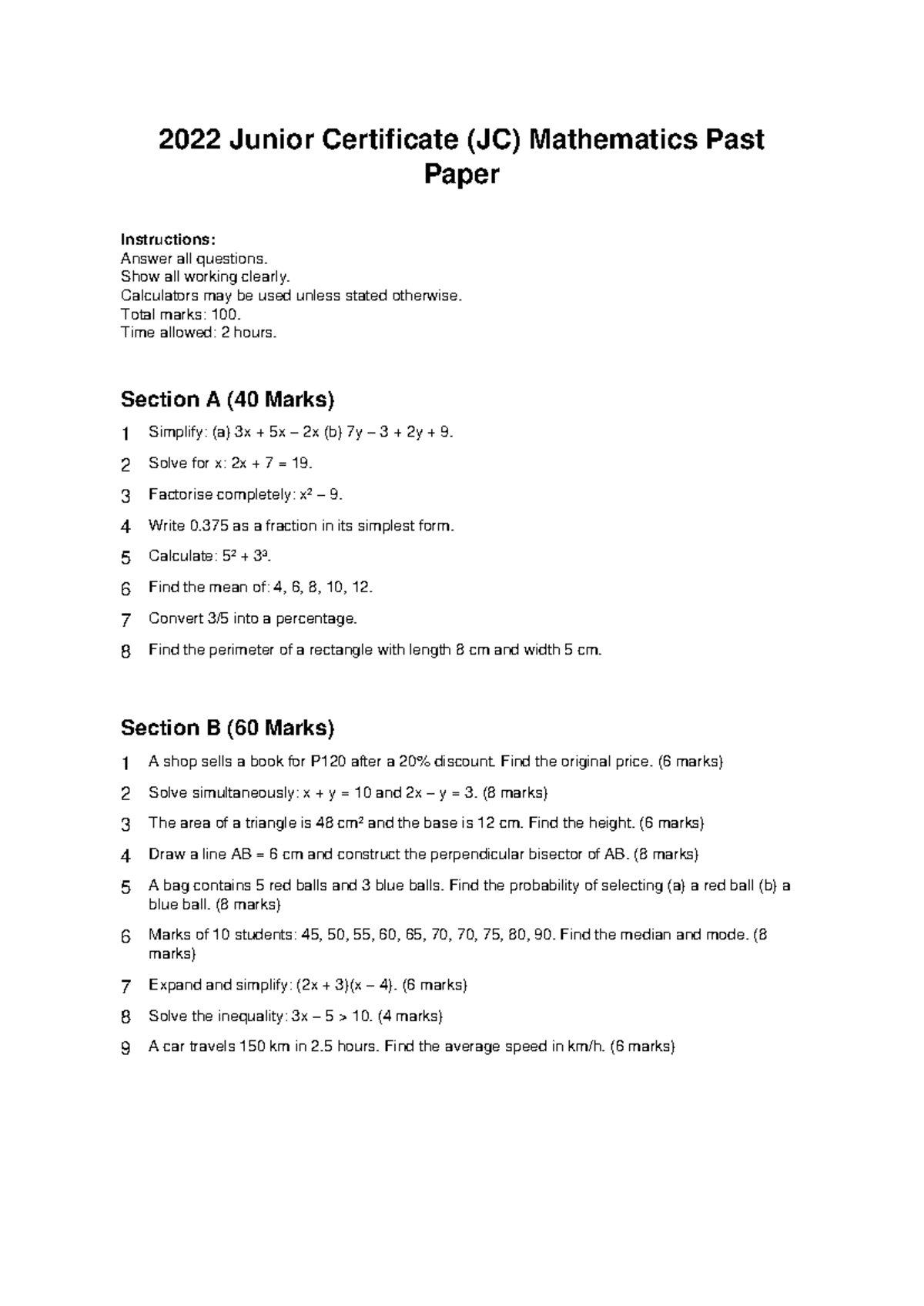 JC Mathematics 2022 Past Paper: Complete Exam Guide - Studocu