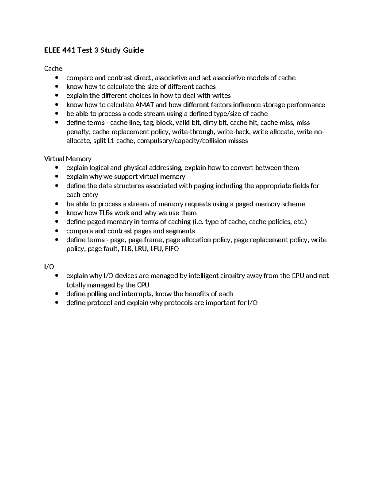 ELEE 441 Test 3 Study Guide: Cache, Virtual Memory, and I/O Concepts ...