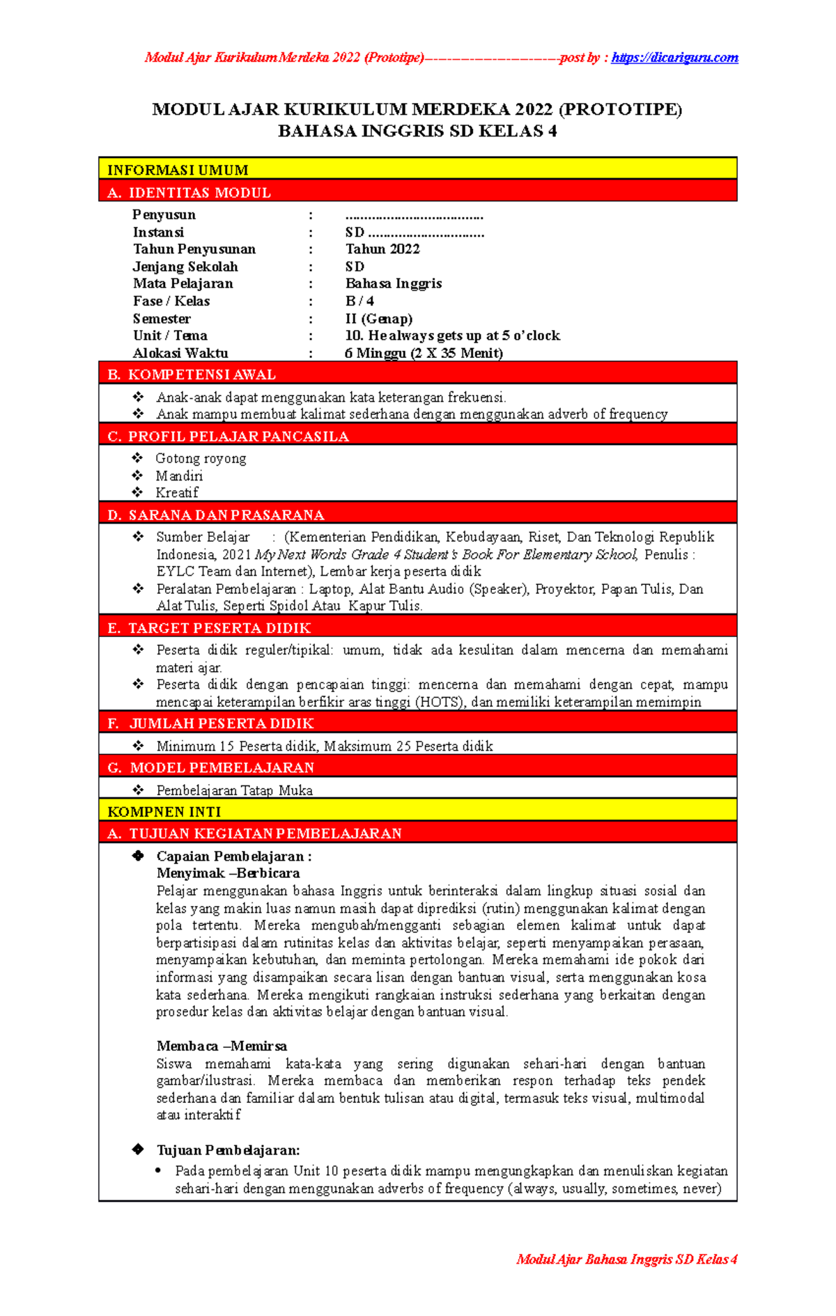 Modul Ajar B. Inggris Unit 10 Kelas 4 - Kurikulum Merdeka 2022 - Document Preview