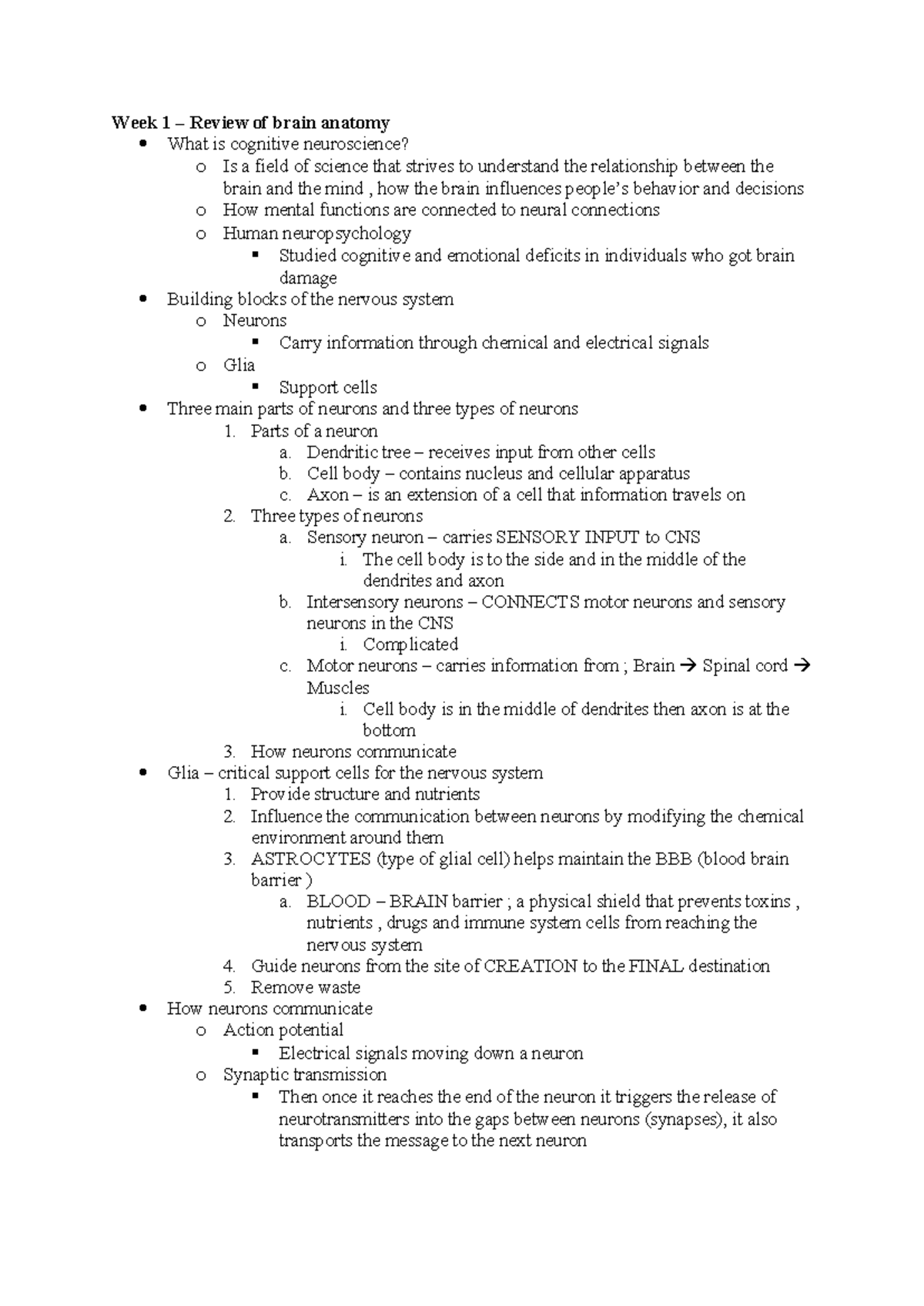 Week 1 Lecture Notes: Cognitive Neuroscience & Brain Anatomy Overview ...