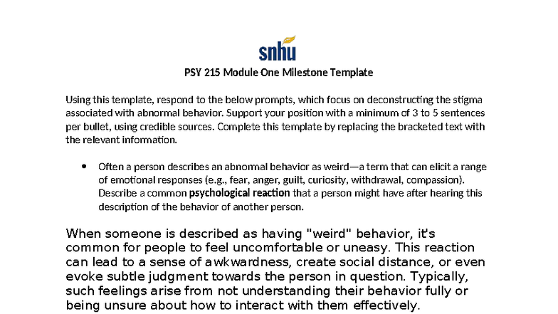 PSY 215 1-2 Milestone: Deconstructing Stigma of Abnormal Behavior - Studocu