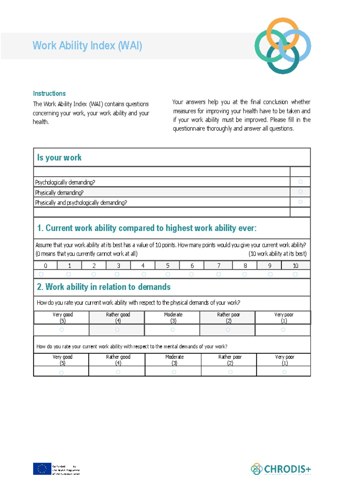WAI Work Ability Index Evaluation Guidelines and Questionnaire ...