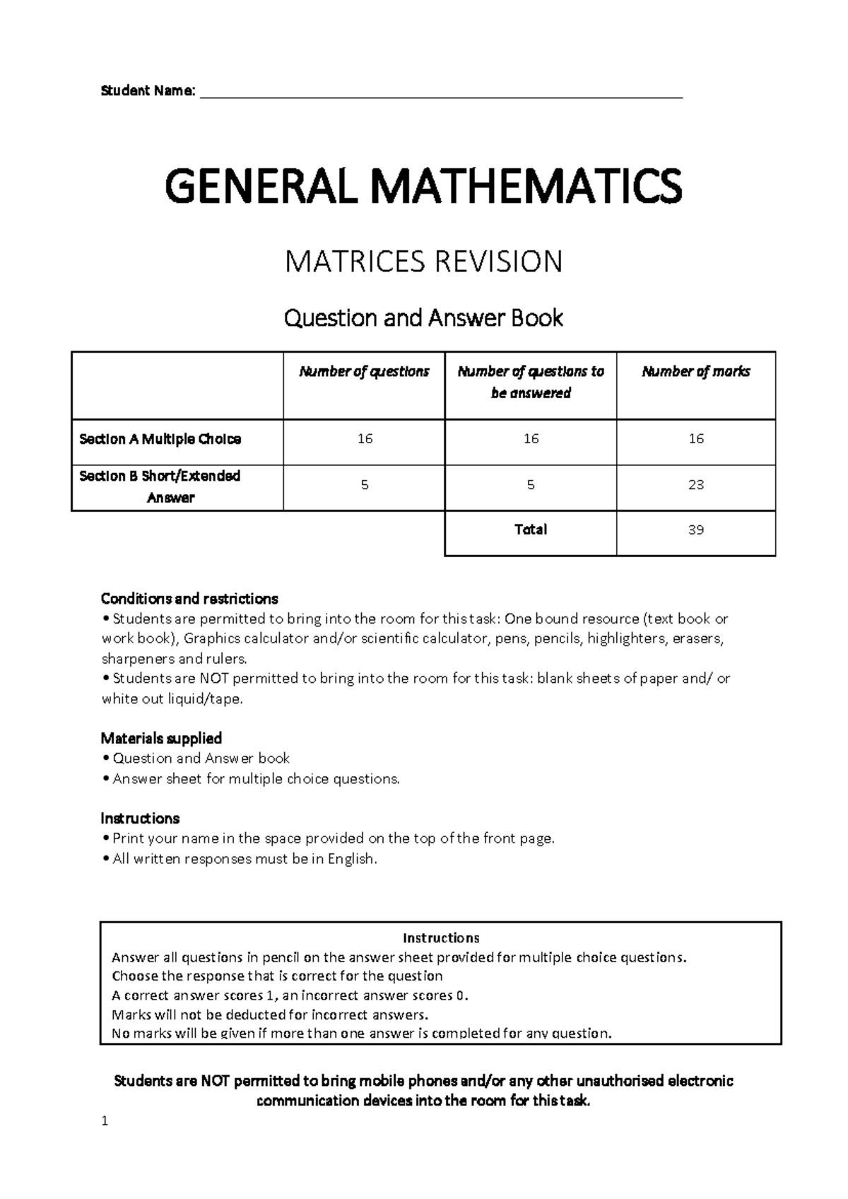 Matrices Revision - General Mathematics Q&A Book - Studocu