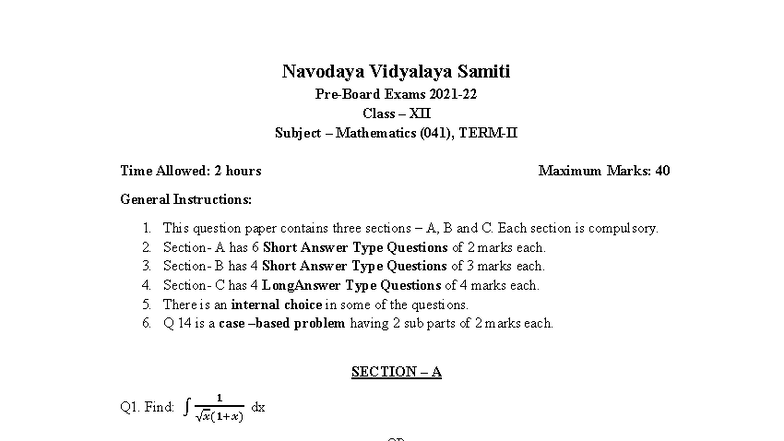 Class XII Mathematics Exam Paper (041) - Question Paper - Studocu