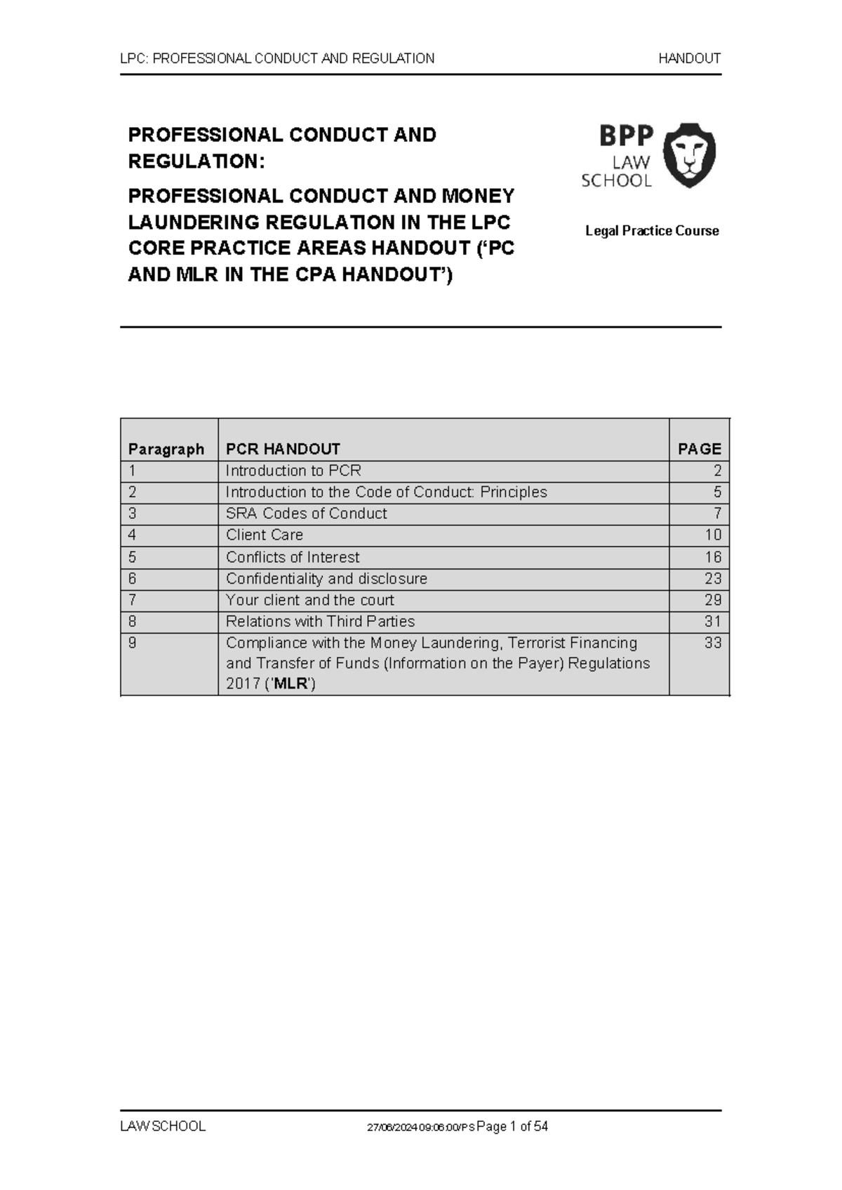LPC: Comprehensive Handout on Professional Conduct & Regulation 2024-25 ...