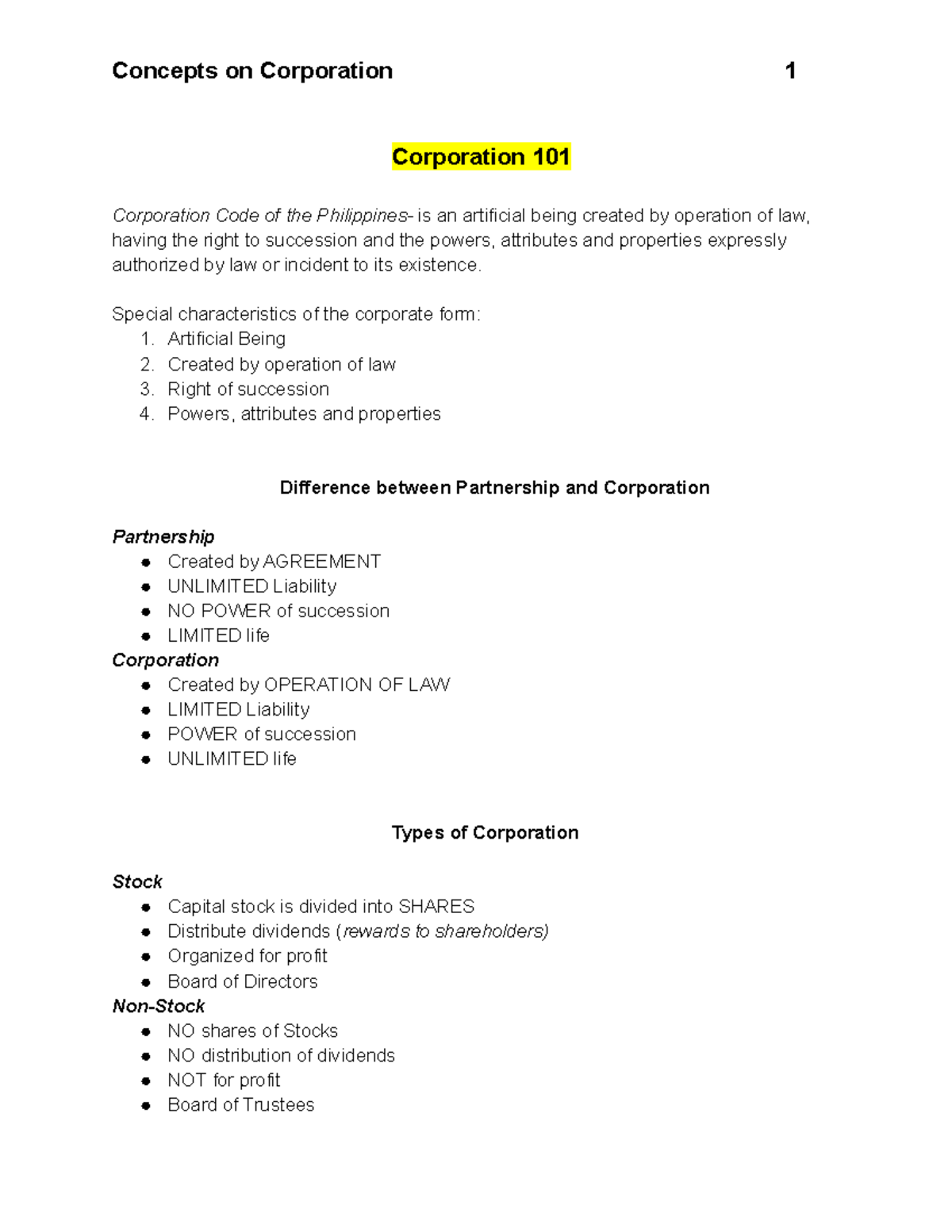 Concepts on Corporation Compilation - Corporation 101 Corporation Code ...
