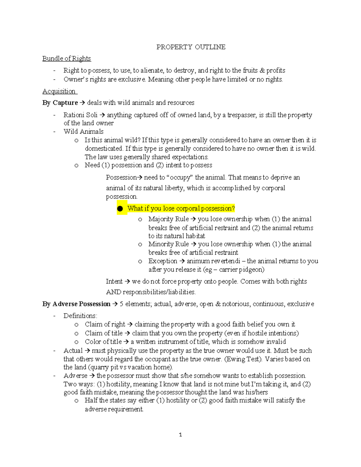 PROPERTY OUTLINE: Bundle of Rights & Adverse Possession (LAW 101) - Studocu